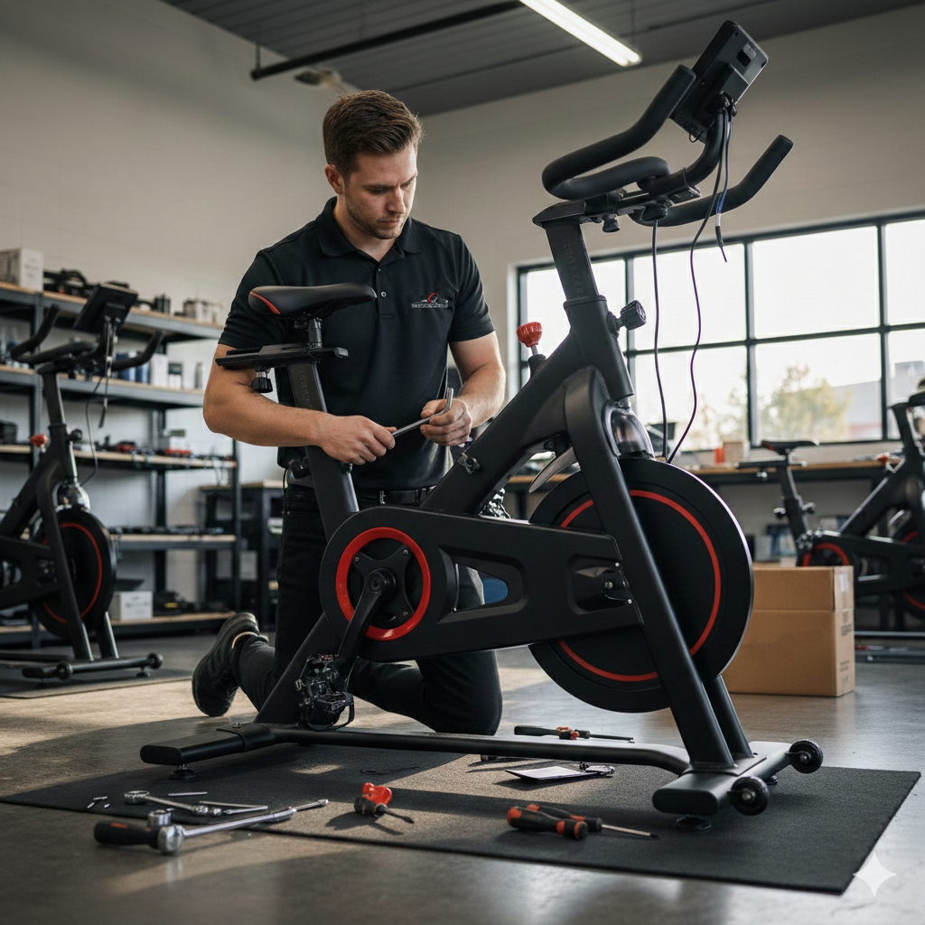 Man working on an exercise bike in a gym setting