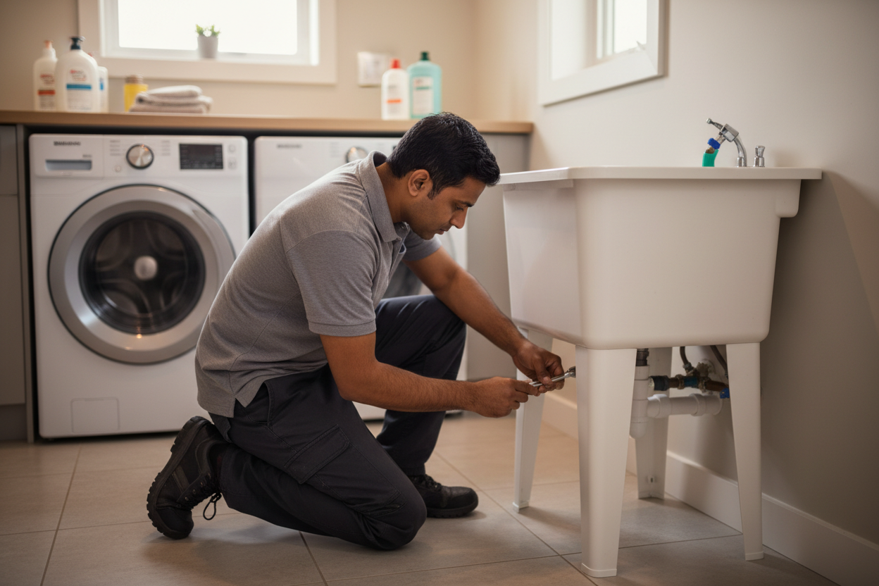 Person repairing a sink in a laundry room.