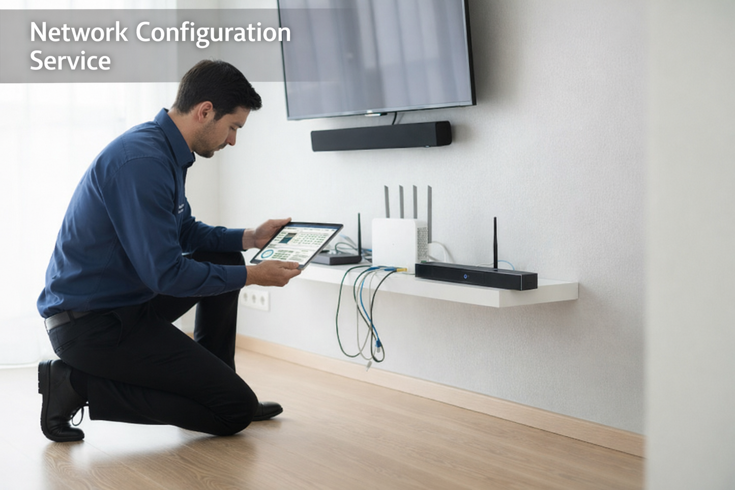Person configuring network equipment in a home setting with text 'Network Configuration Service'.