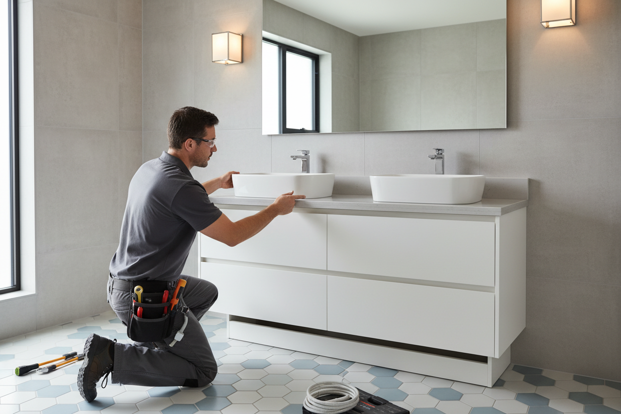 Person installing a bathroom double bowl vanity in a modern bathroom.