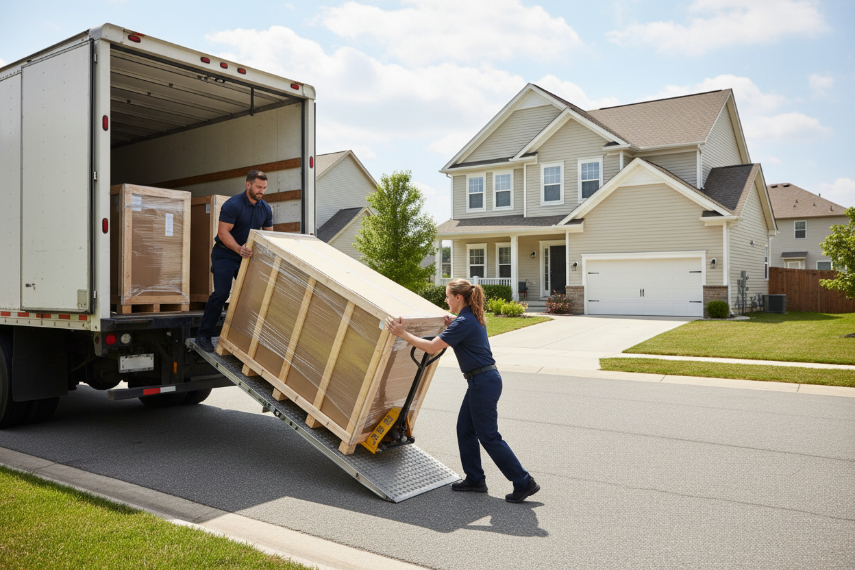 Two movers unloading a large box from a moving truck in a residential driveway.