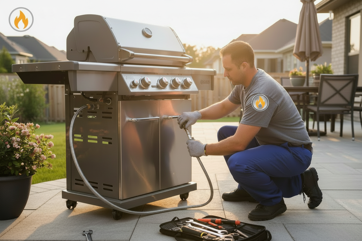 Person working on a grill in a backyard setting