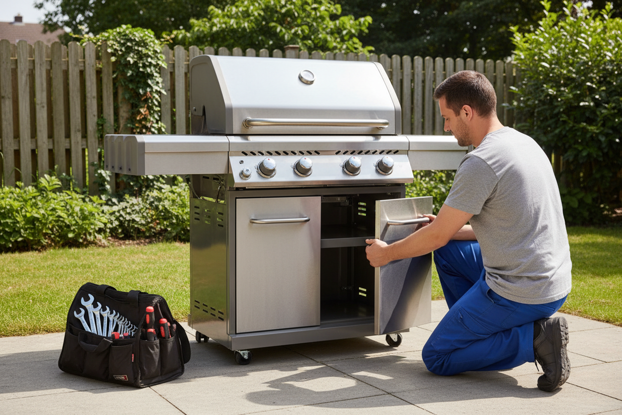 Man working on a large outdoor grill in a backyard setting