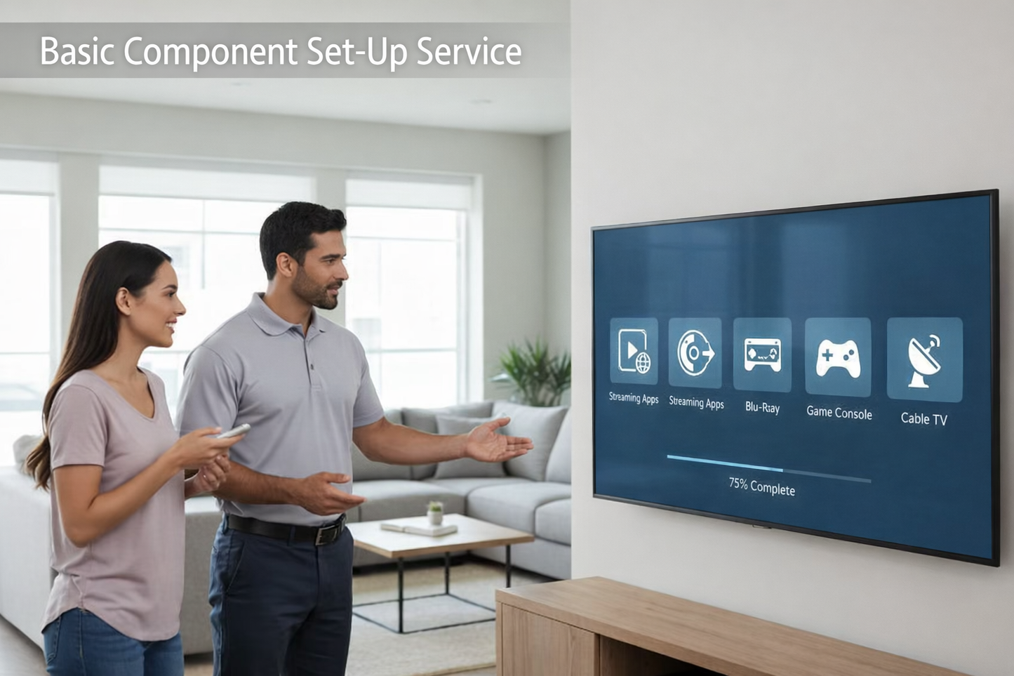 Man and woman in a living room with a TV displaying setup icons.
