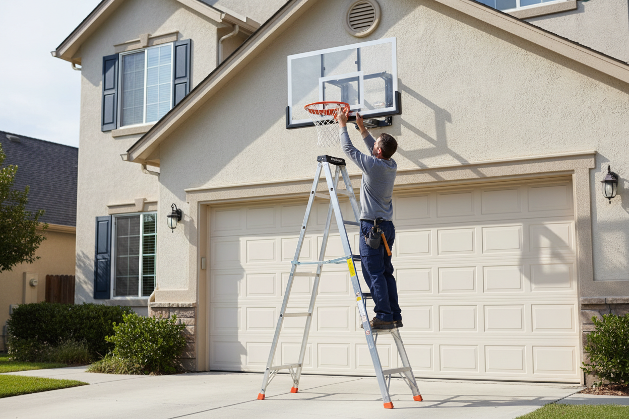 Person installing a basketball hoop on a house exterior