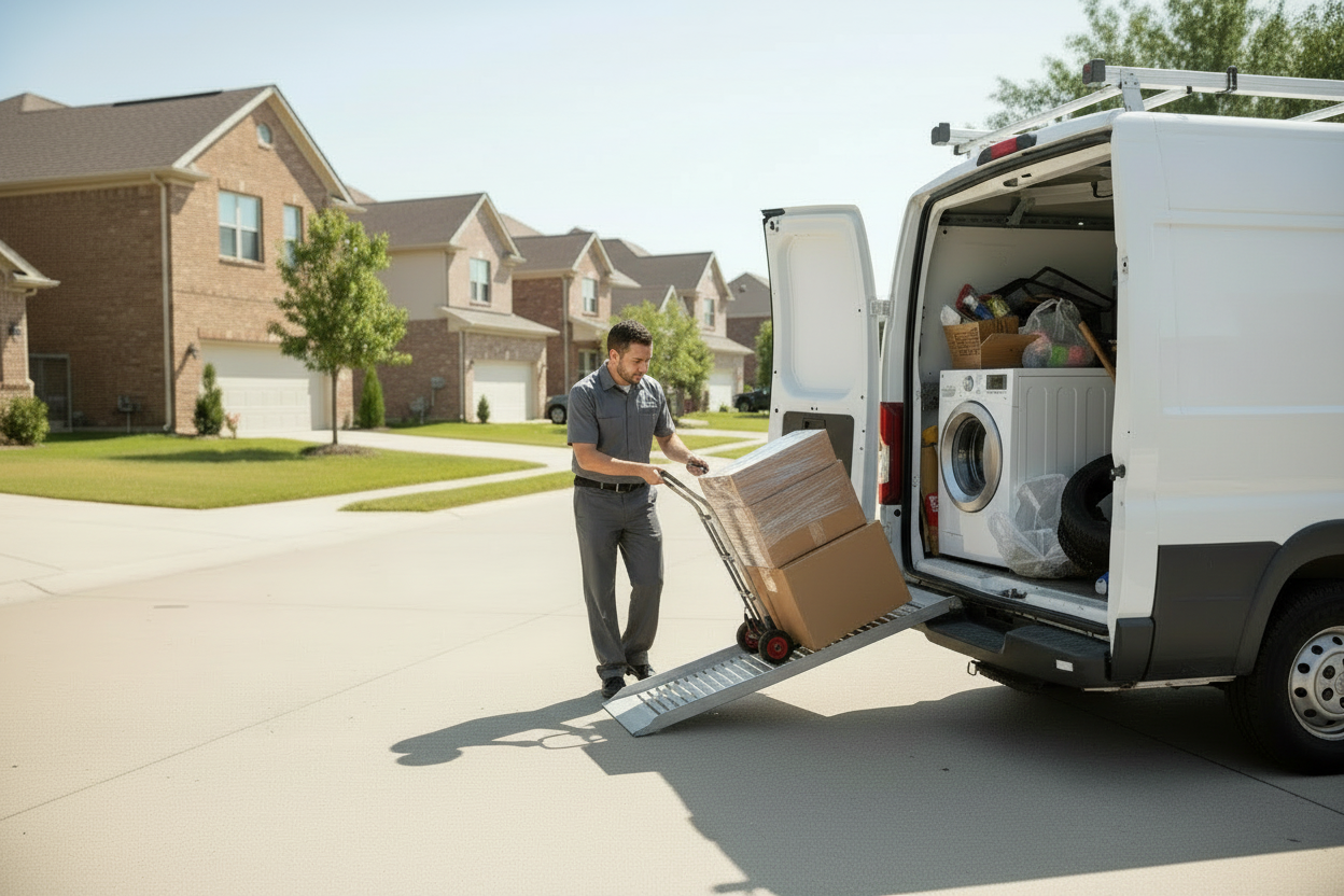 Man loading a washing machine onto a moving van in a suburban neighborhood.