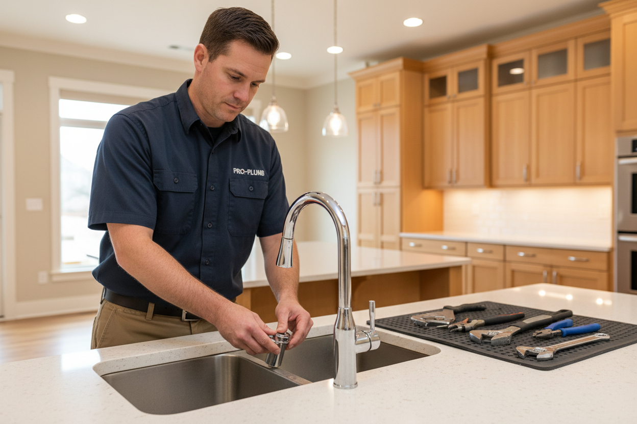 Plumber working on a kitchen sink in a home setting
