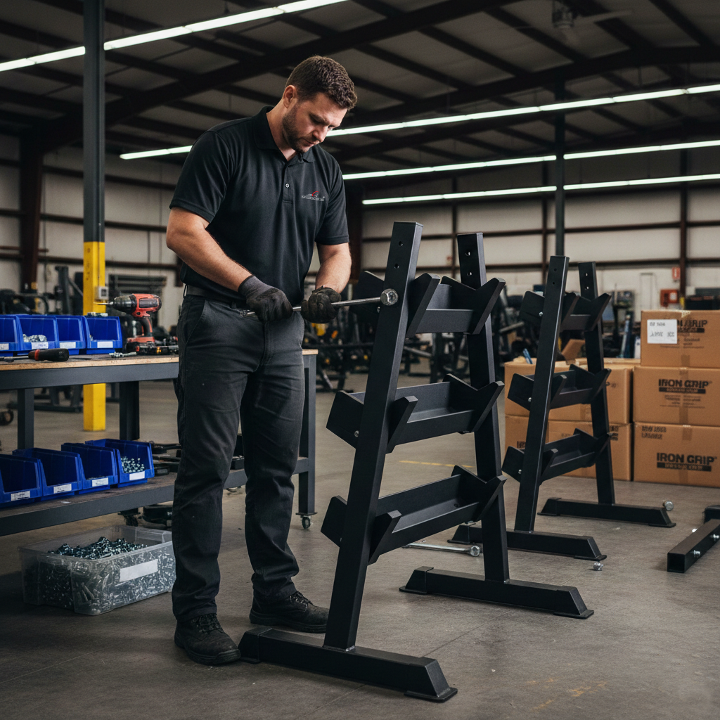 Man assembling a dumb-bell rack.