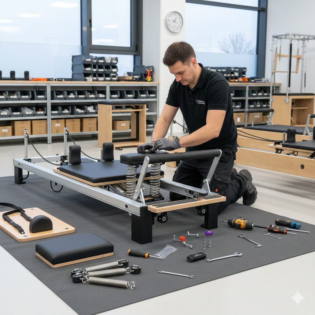 Person working on a Pilates reformer machine in a fitness studio setting.