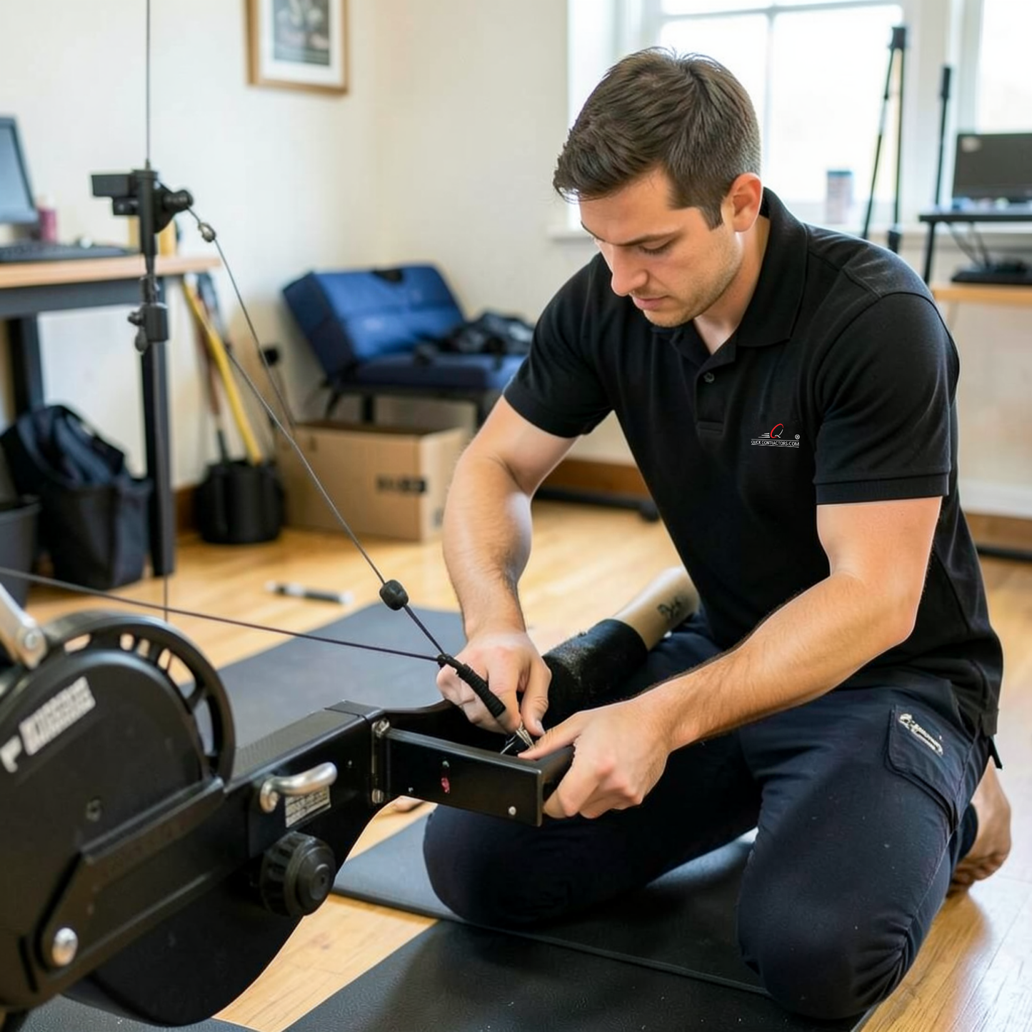 Man adjusting rowing machine in a room with furniture and windows.