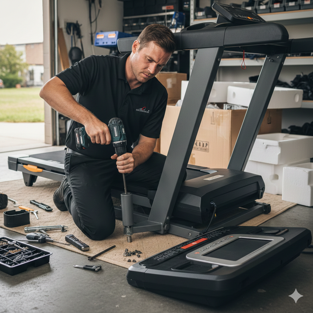 Man working on a treadmill in a workshop setting
