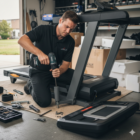 Man working on a treadmill in a workshop setting