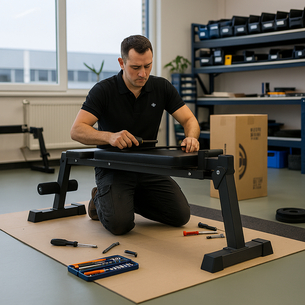 Man assembling a piece of exercise equipment in a workshop setting.