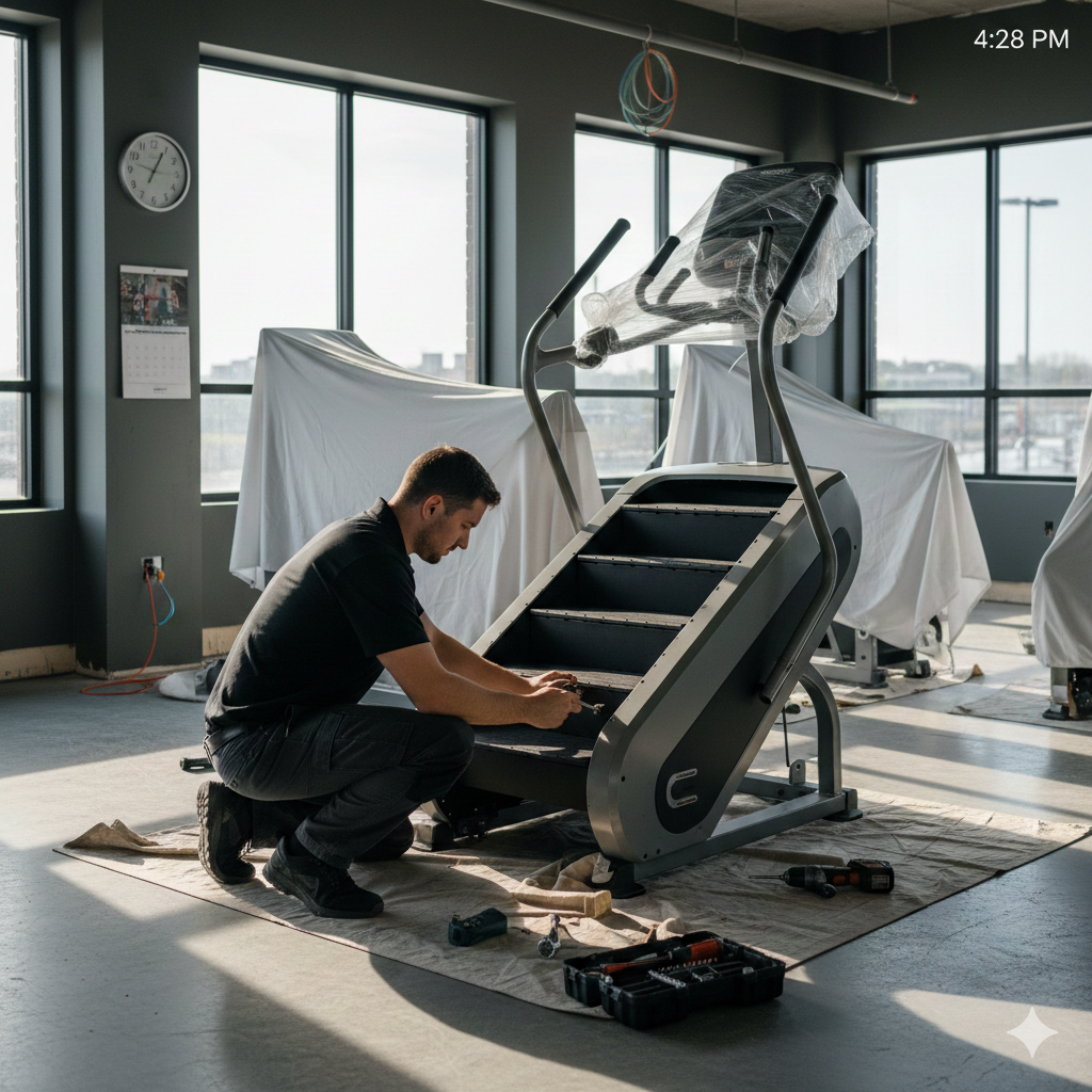 Person working on a stair climber in a room with large windows and gray walls.