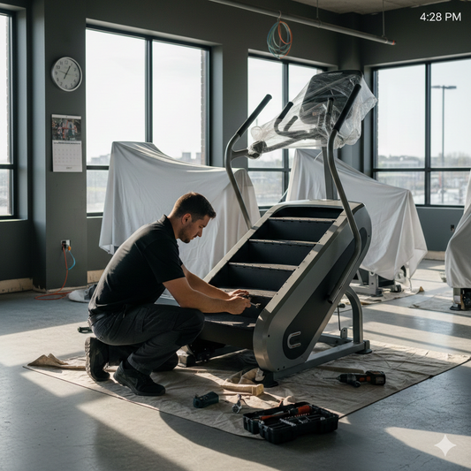 Person working on a stair climber in a room with large windows and gray walls.