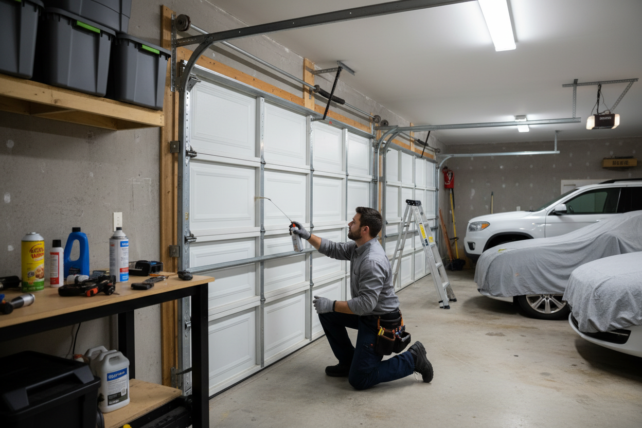 Person repairing a garage door in a home garage with tools and a car in the background.