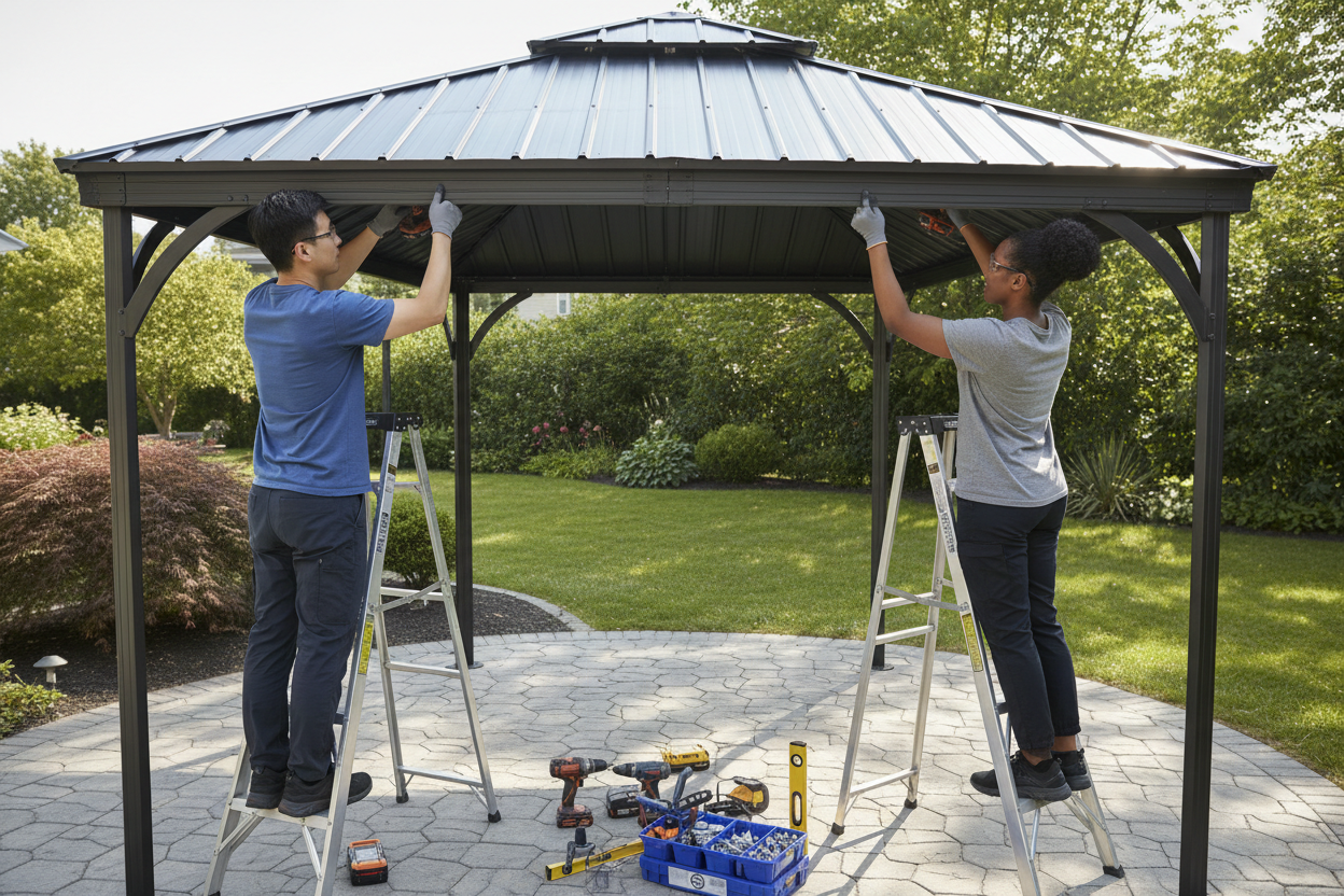 Two people installing a metal gazebo in a garden setting.