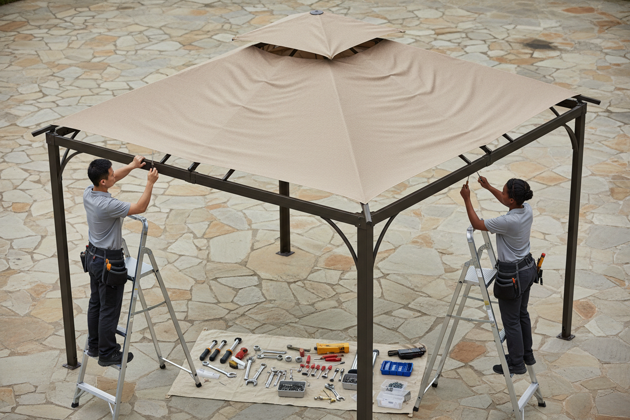 Two people assembling a gazebo on a stone patio