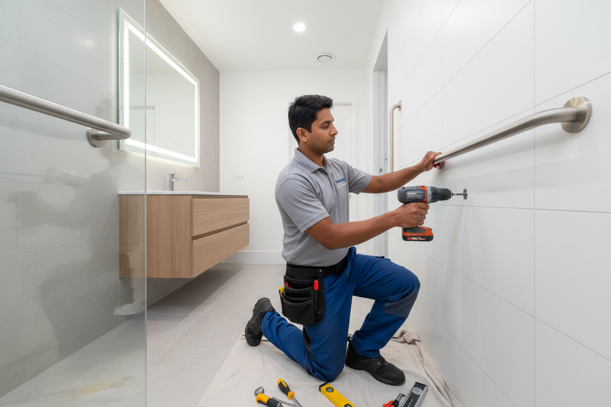 Person installing a grab bar in a bathroom using a drill.
