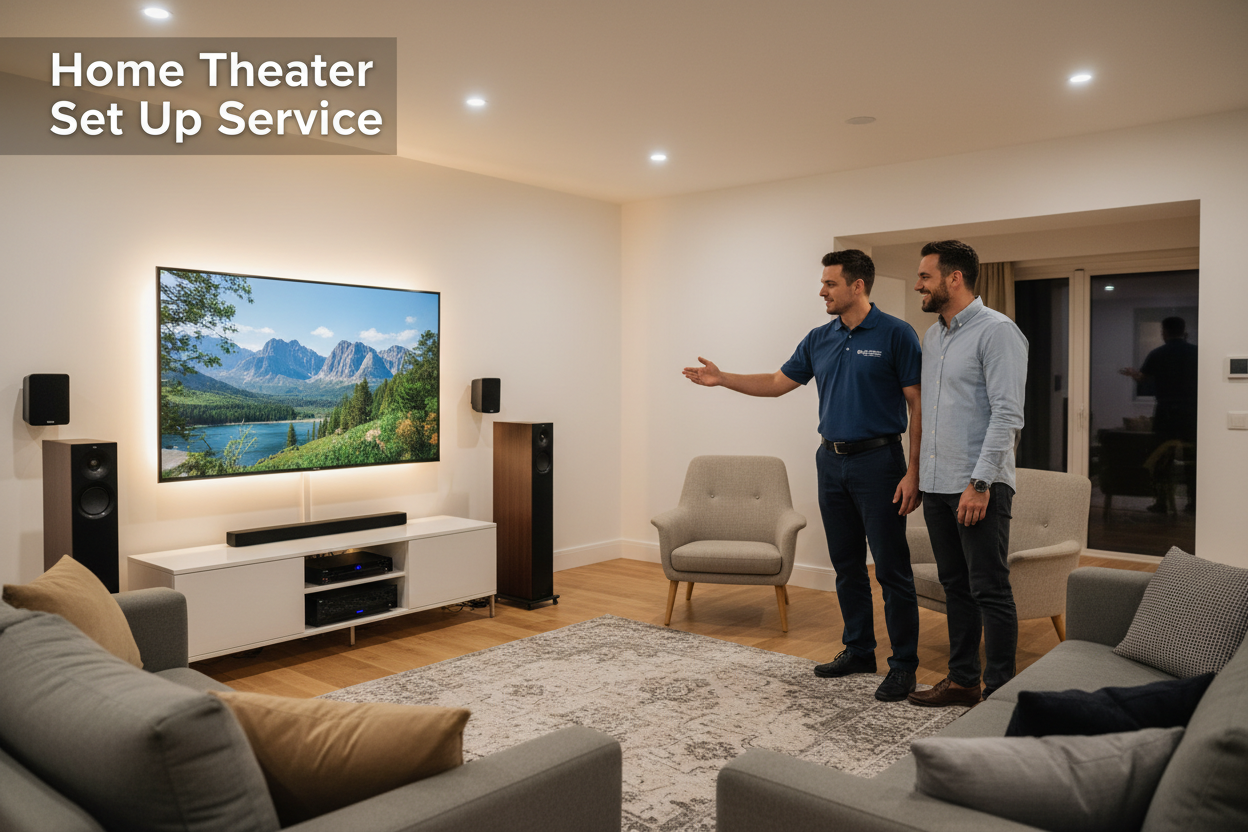 Two men in a living room discussing home theater setup with a large TV screen displaying a scenic view.