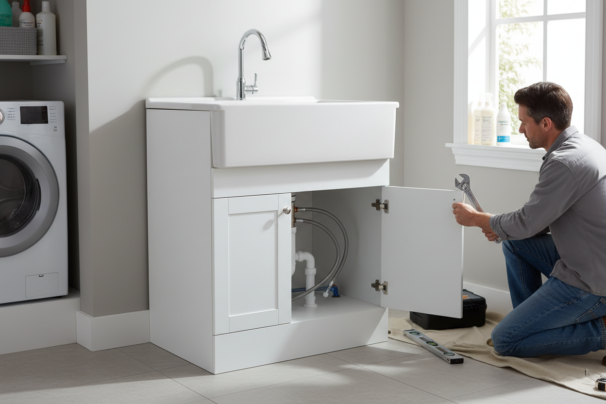 Man working on a white bathroom vanity with plumbing visible.