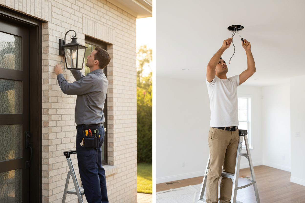 Two men working on installing outdoor and indoor lighting fixtures.