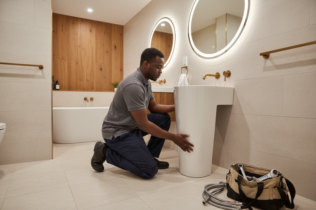 Man working on a sink in a modern bathroom