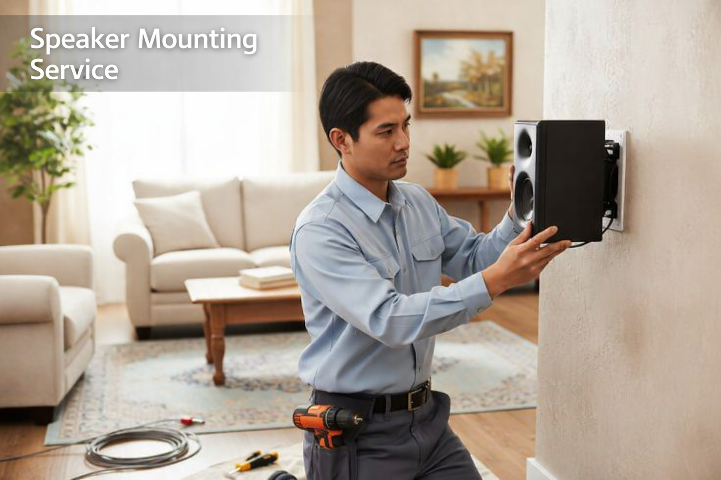 Person installing a speaker on a wall in a living room setting