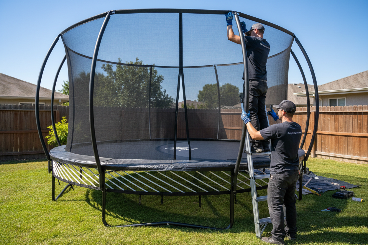 Two people working on a spring free trampoline in a backyard