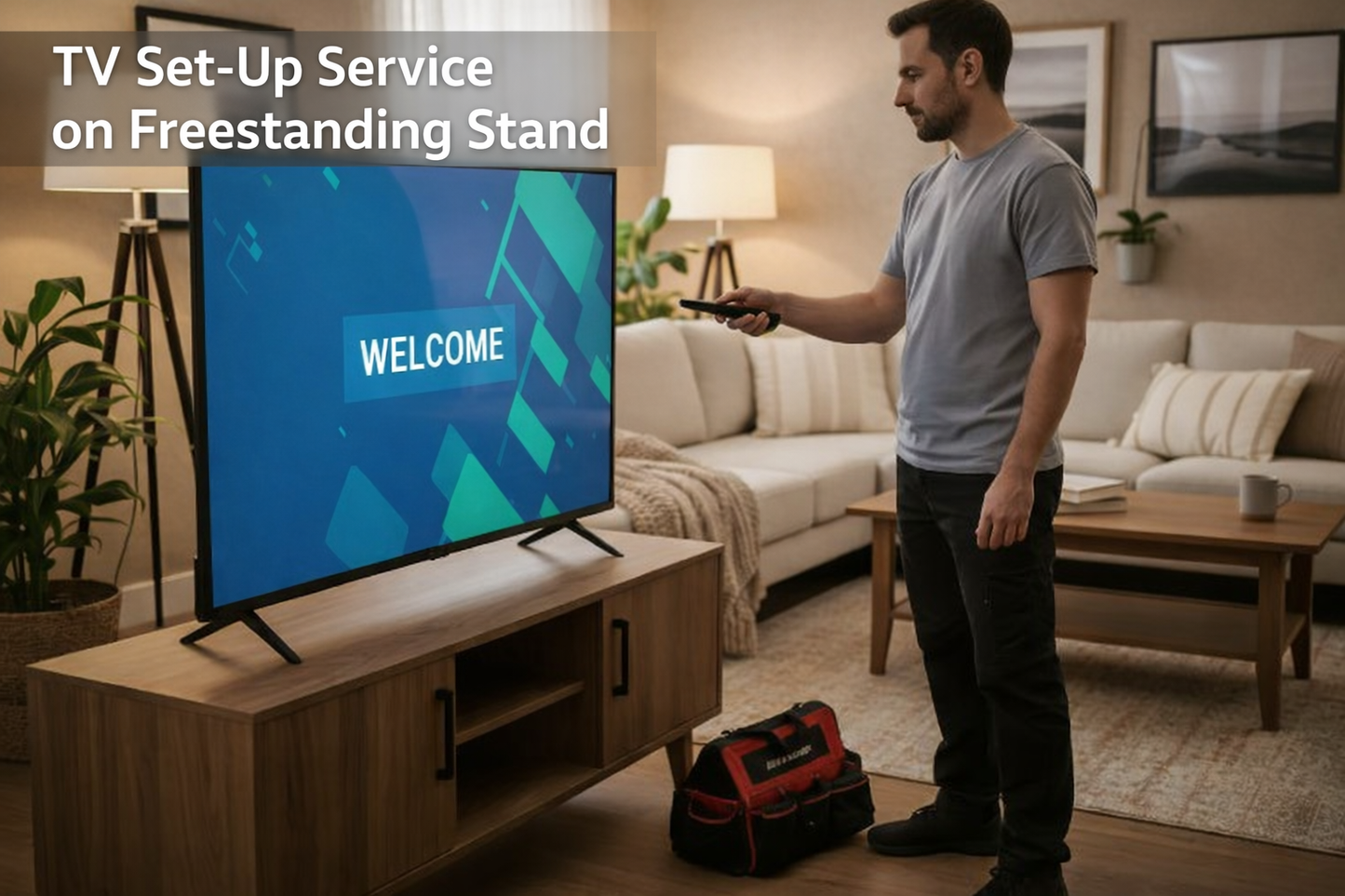 Man setting up a TV on a freestanding stand in a living room.