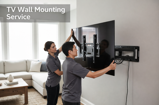 Two people installing a TV on a wall in a living room.