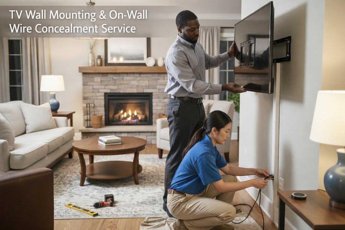 Two people installing a TV wall mount in a living room.