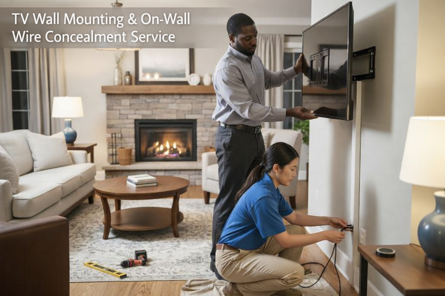 Two people installing a TV wall mount in a living room.