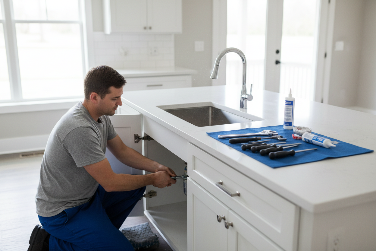 Man working on a kitchen cabinet with tools on a blue mat