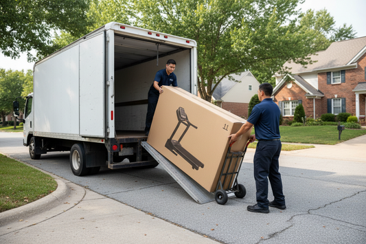 Two movers unloading a large cardboard box from a moving truck on a residential street.