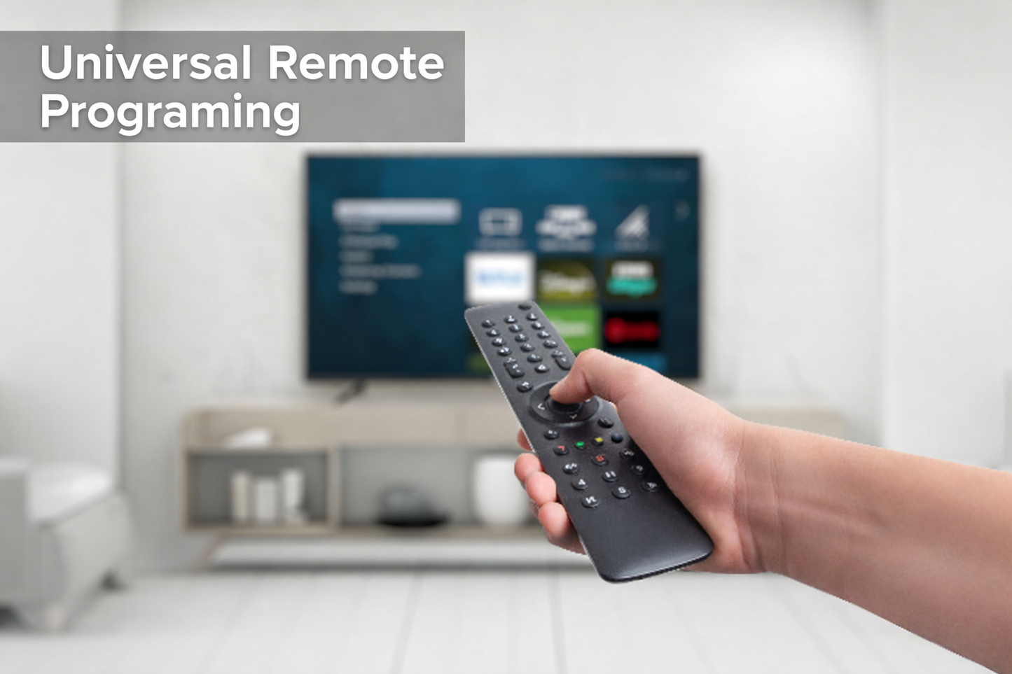 Hand holding a remote control with a TV in the background, text 'Universal Remote Programming' displayed.